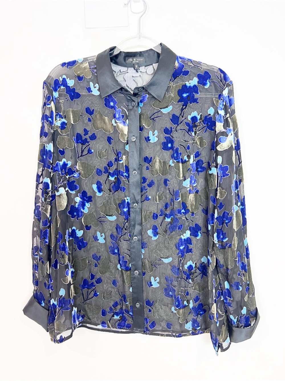 RAG & BONE BLACK VELVET BURNOUT GIGI BLOUSE PURPLE GREEN FLORAL WOMENS LARGE - Picture 5 of 9